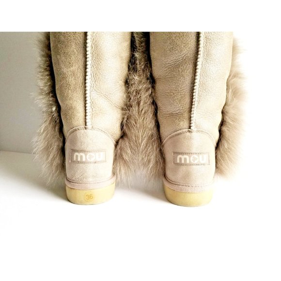 MOU Tall Winter Boots Stone Metallic Sheepskin Fur Trim Lace Up Sz 36 XS US 5 - Picture 7 of 13